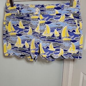 Crown & Ivy Yellow and Blue Nautical Sailboat Scalloped Hem Shelby Shorts Size 4